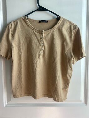 Zara Tan Button Henley Short Sleeve Crop Top Tee